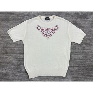 Southern Lady Sweater Women Small Ivory Short Sleeve Embroidered Floral 1C75 USA